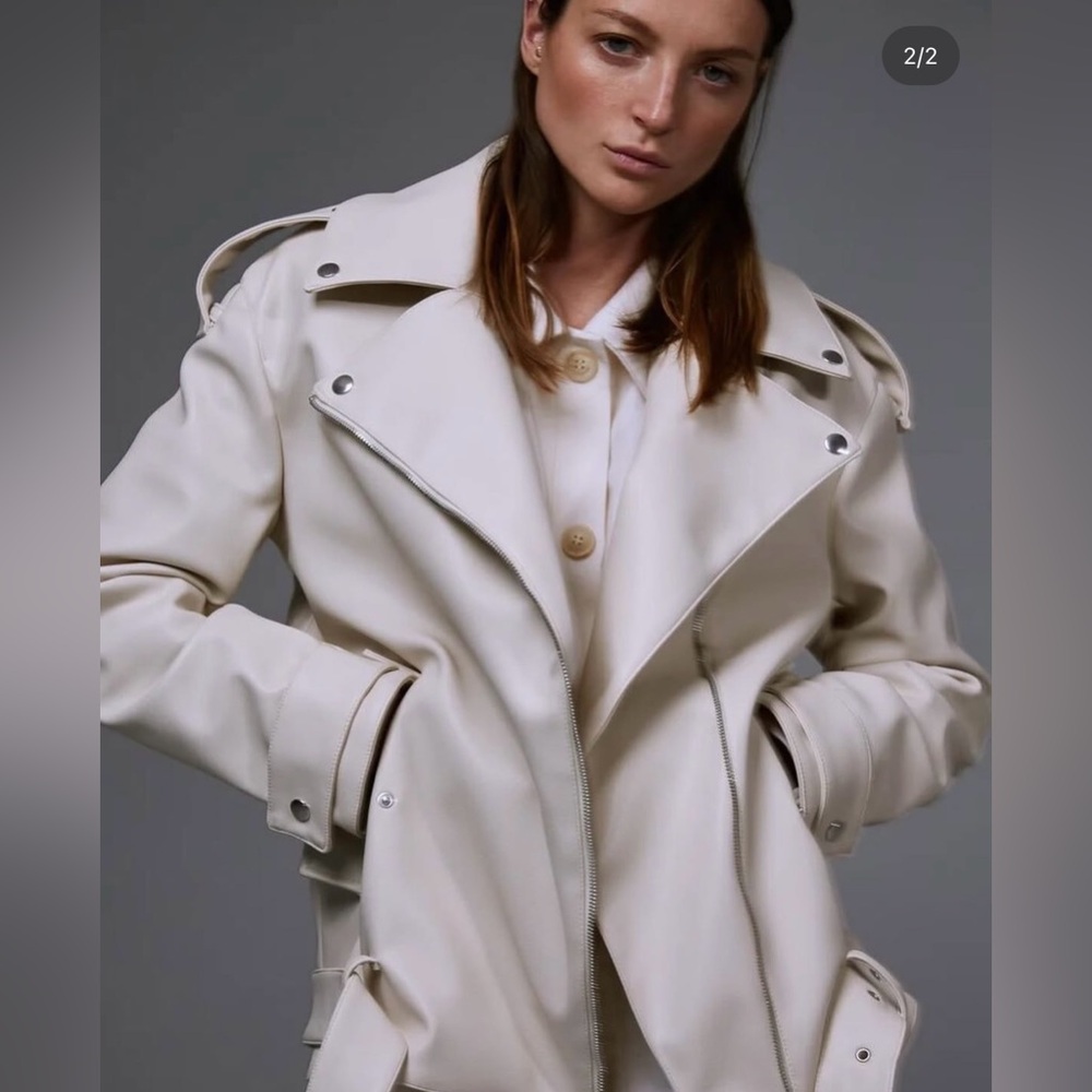 NWT Beige nude Elegant Cream Women's Trench Coat Faux Leather Jacket Size Medium